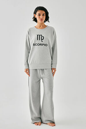 Akbeniz Kadın Gri Akrep Burcu Oversize 2 İplik Eşofman Ev Giyim Takımı