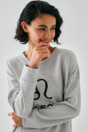 Akbeniz Kadın Gri Aslan Burcu Oversize 2 İplik Eşofman Ev Giyim Takımı