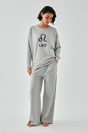 Akbeniz Kadın Gri Aslan Burcu Oversize 2 İplik Eşofman Ev Giyim Takımı