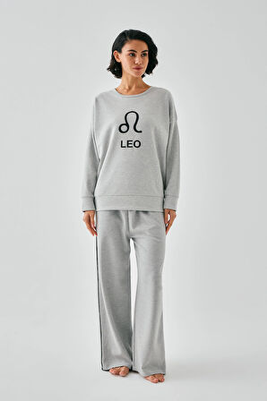 Akbeniz Kadın Gri Aslan Burcu Oversize 2 İplik Eşofman Ev Giyim Takımı