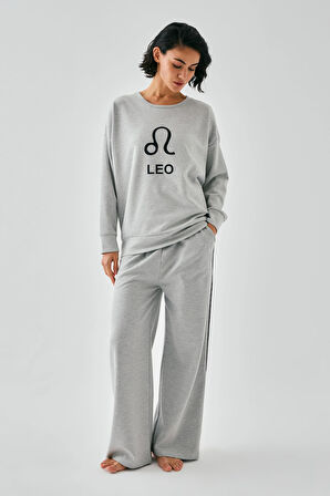 Akbeniz Kadın Gri Aslan Burcu Oversize 2 İplik Eşofman Ev Giyim Takımı