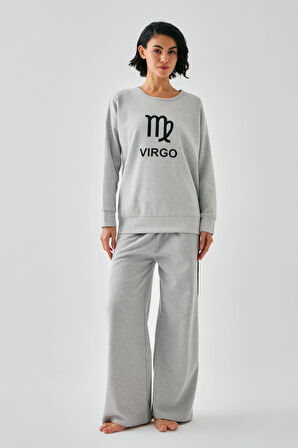 Akbeniz Kadın Gri Başak Burcu Oversize 2 İplik Eşofman Ev Giyim Takımı