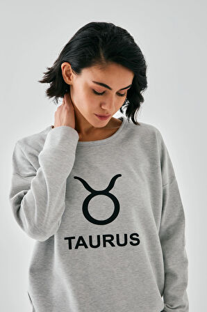 Akbeniz Kadın Gri Boğa Burcu Oversize 2 İplik Eşofman Ev Giyim Takımı