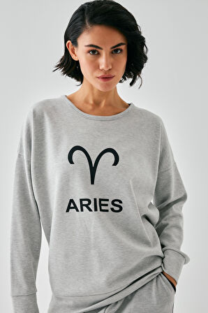 Akbeniz Kadın Gri Koç Burcu Oversize 2 İplik Eşofman Ev Giyim Takımı