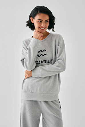Akbeniz Kadın Gri Kova Burcu Oversize 2 İplik Eşofman Ev Giyim Takımı