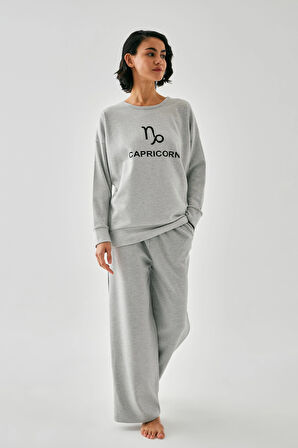 Akbeniz Kadın Gri Oğlak Burcu Oversize 2 İplik Eşofman Ev Giyim Takımı