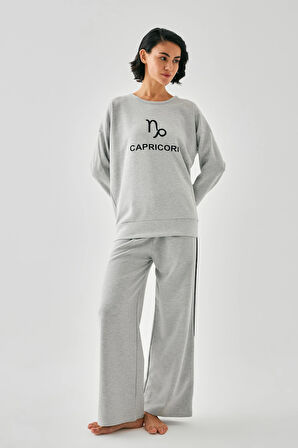 Akbeniz Kadın Gri Oğlak Burcu Oversize 2 İplik Eşofman Ev Giyim Takımı