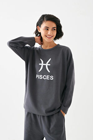 Akbeniz Kadın Füme Balık Burcu Oversize 2 İplik Eşofman Ev Giyim Takımı