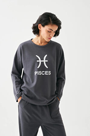 Akbeniz Kadın Füme Balık Burcu Oversize 2 İplik Eşofman Ev Giyim Takımı