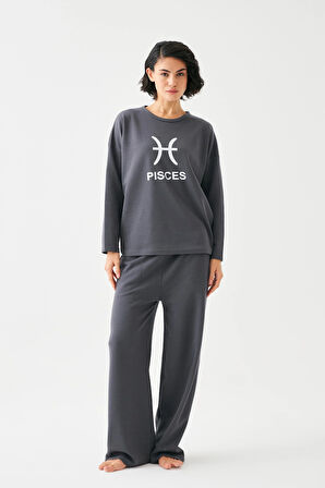 Akbeniz Kadın Füme Balık Burcu Oversize 2 İplik Eşofman Ev Giyim Takımı