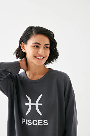 Akbeniz Kadın Füme Balık Burcu Oversize 2 İplik Eşofman Ev Giyim Takımı