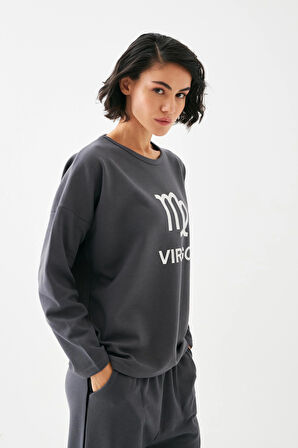 Akbeniz Kadın Füme Başak Burcu Oversize 2 İplik Eşofman Ev Giyim Takımı