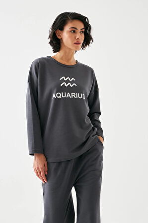 Akbeniz Kadın Füme Kova Burcu Oversize 2 İplik Eşofman Ev Giyim Takımı