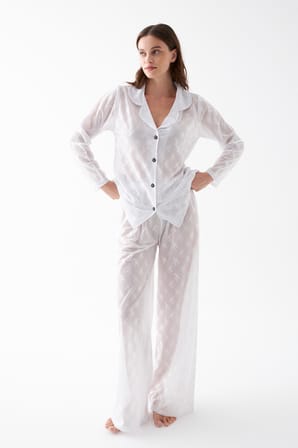 Akbeniz Kadın Beyaz Şeffaf Jakar Düğmeli Pijama Takımı