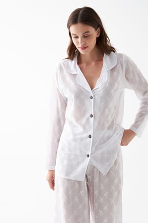 Akbeniz Kadın Beyaz Şeffaf Jakar Düğmeli Pijama Takımı