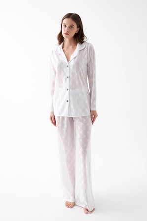 Akbeniz Kadın Beyaz Şeffaf Jakar Düğmeli Pijama Takımı