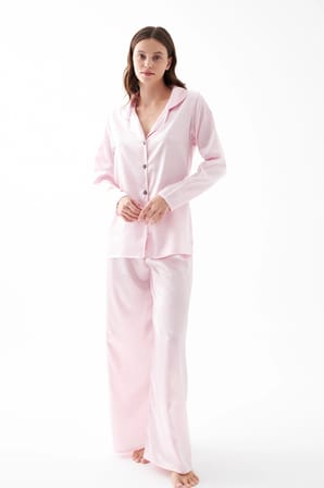 Akbeniz Kadın Pembe Oversize Saten Pijama Takımı