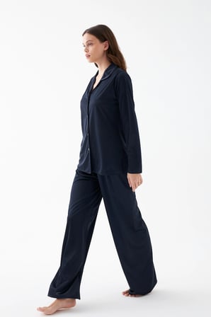 Akbeniz Kadın Lacivert Oversize Saten Pijama Takımı