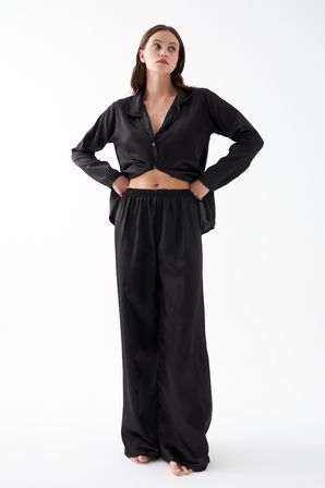 Akbeniz Kadın Siyah Oversize Saten Pijama Takımı