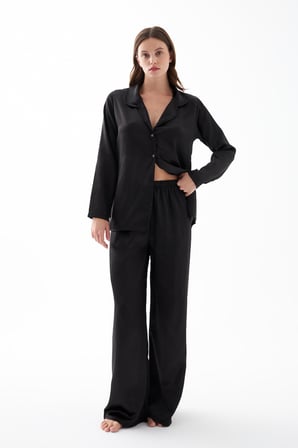 Akbeniz Kadın Siyah Oversize Saten Pijama Takımı