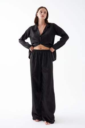 Akbeniz Kadın Siyah Oversize Saten Pijama Takımı