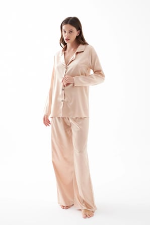 Akbeniz Kadın Bej Oversize Saten Pijama Takımı
