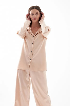 Akbeniz Kadın Bej Oversize Saten Pijama Takımı