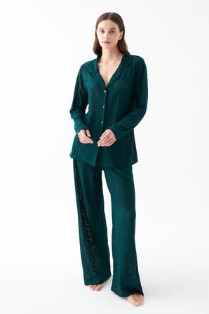 Akbeniz Kadın Zümrüt Yeşili Önden Düğmeli Rahat Kesim Pijama Takımı