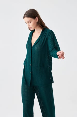 Akbeniz Kadın Zümrüt Yeşili Önden Düğmeli Rahat Kesim Pijama Takımı