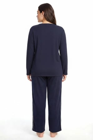 Akbeniz Büyük Beden Şerit Detaylı Kalın Uzun Kollu Kadın Pijama Takımı  Lacivert