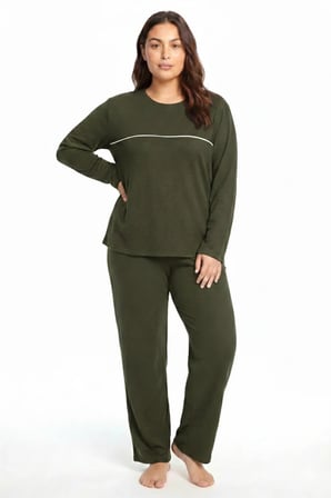 Akbeniz Büyük Beden Şerit Detaylı Kalın Uzun Kollu Kadın Pijama Takımı  Haki