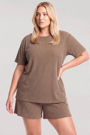 Akbeniz Kadın Büyük Beden Kahve Fitilli Dokulu Şortlu Pijama Takımı
