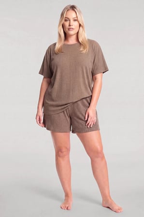 Akbeniz Kadın Büyük Beden Kahve Fitilli Dokulu Şortlu Pijama Takımı