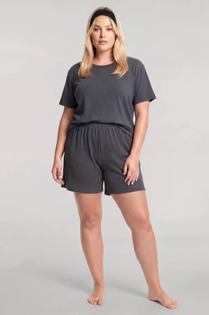 Akbeniz Kadın Büyük Beden Antrasit Fitilli Dokulu Şortlu Pijama Takımı