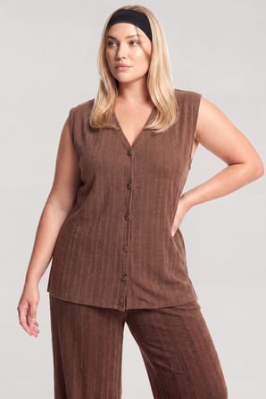 Akbeniz Büyük Beden Yelekli Yazlık Pijama Takımı - Kahverengi