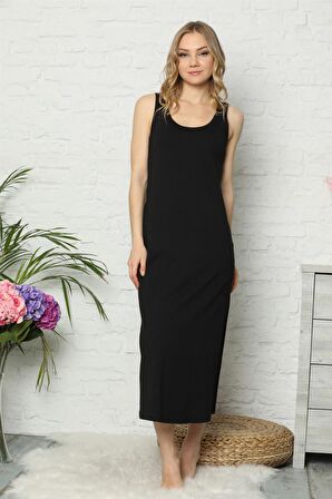 Akbeniz Kalın Askılı Siyah Penye Uzun Gecelik 921