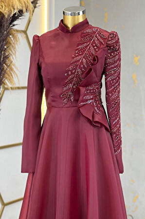 Ela Tesettür Abiye Bordo