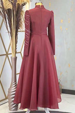 Ela Tesettür Abiye Bordo