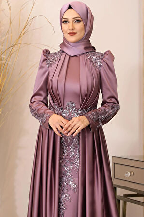 Karaca Önü Drapeli Aplikli Tesettür Abiye Gül Kurusu