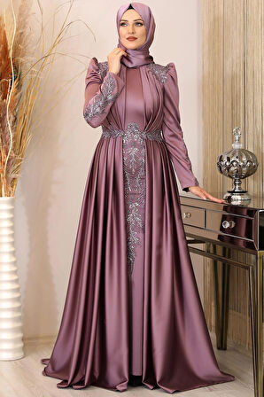 Karaca Önü Drapeli Aplikli Tesettür Abiye Gül Kurusu