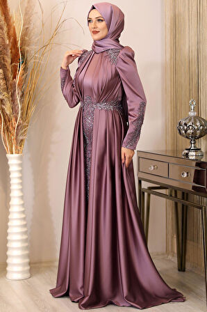 Karaca Önü Drapeli Aplikli Tesettür Abiye Gül Kurusu