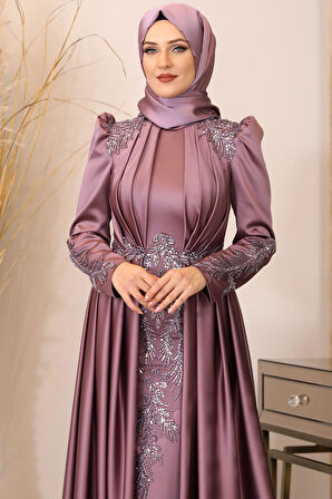 Karaca Önü Drapeli Aplikli Tesettür Abiye Gül Kurusu