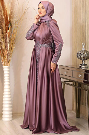 Karaca Önü Drapeli Aplikli Tesettür Abiye Gül Kurusu