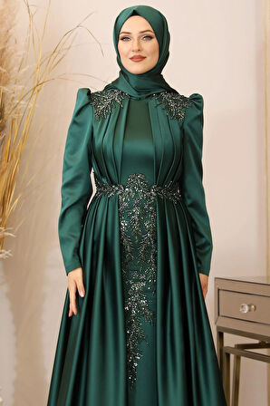 Karaca Önü Drapeli Aplikli Tesettür Abiye Zümrüt