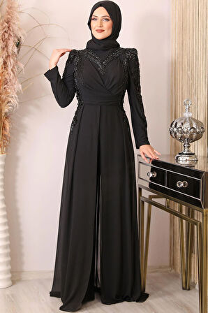 Güneş Boncuk İşlemeli Tesettür Tulum Siyah
