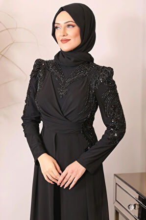 Güneş Boncuk İşlemeli Tesettür Tulum Siyah