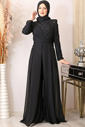 Güneş Boncuk İşlemeli Tesettür Tulum Siyah