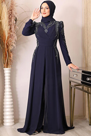 Güneş Boncuk İşlemeli Tesettür Tulum Lacivert