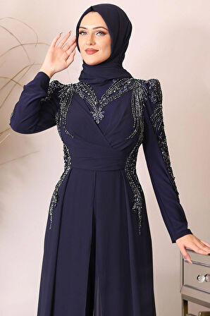 Güneş Boncuk İşlemeli Tesettür Tulum Lacivert