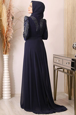Güneş Boncuk İşlemeli Tesettür Tulum Lacivert